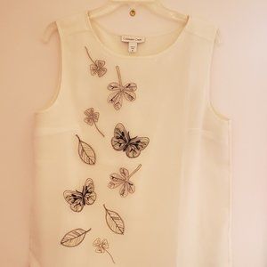 Coldwater Creek Ivory Sleeveless blouse with Sheer Embroidered Butterfly Overlay
